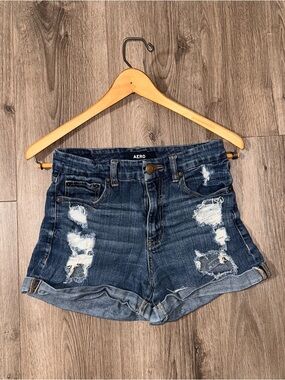 Aeropostale Distressed Dark Blue Denim Shorts High Rise Curvy MIDI